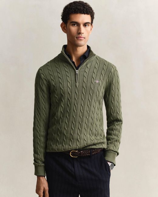 Gant Green Cotton Cable Half Zip Jumper for men