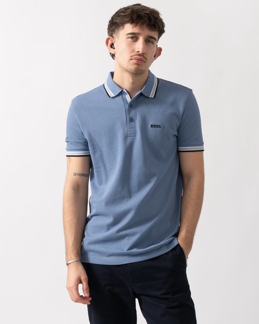 Boss Blue Paddy Cotton-Piqué Polo Shirt With Contrast Logo for men
