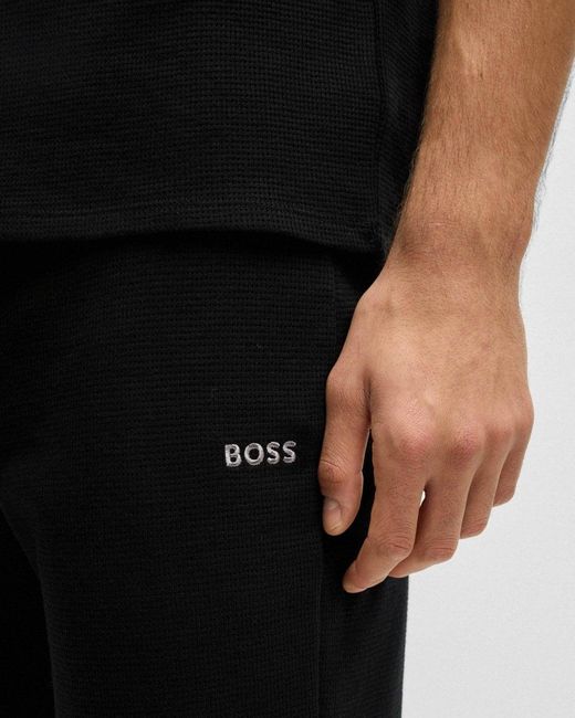 Boss Black Waffle Cotton-blend Pyjama Bottoms With Embroidered Logo for men