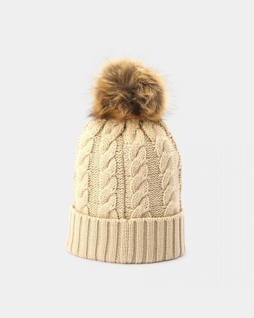 Hunter Natural Unisex Cable Knit Beanie With Pom