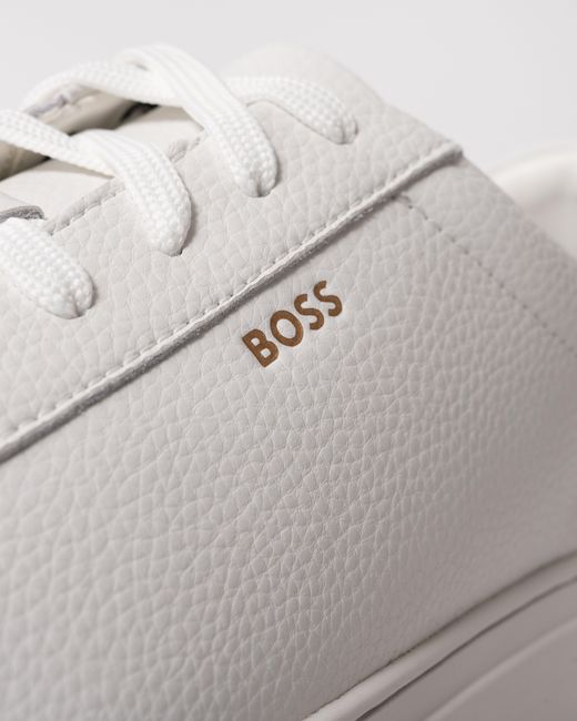 Boss White Kieran Grained-Leather Trainers With Rubber Sole for men
