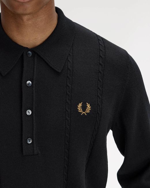 Fred Perry Black Cable Knitted Long Sleeve Polo Shirt for men