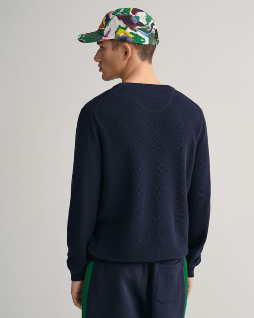 Gant Blue Cotton Pique Crew Neck Jumper for men