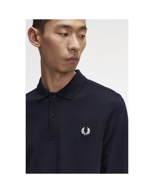 Fred Perry Long Sleeve Plain Signature Polo Shirt in Blue for Men | Lyst