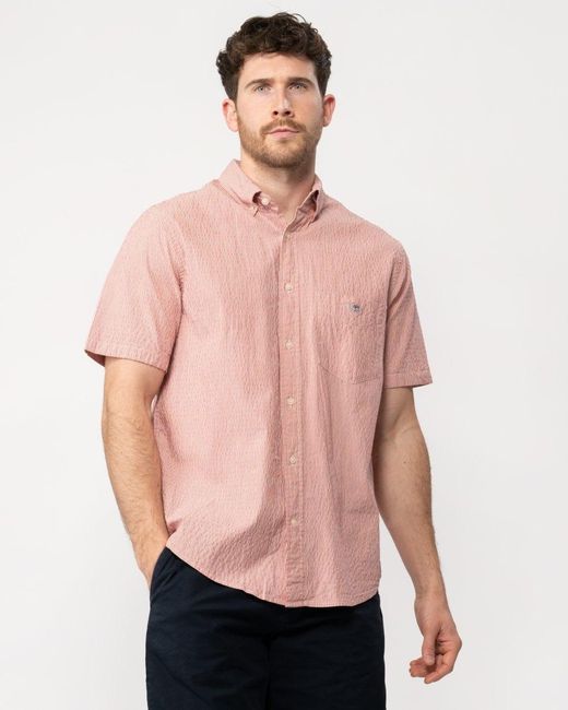 Gant Pink Regular Seersucker Stripe Short Sleeve Shirt for men