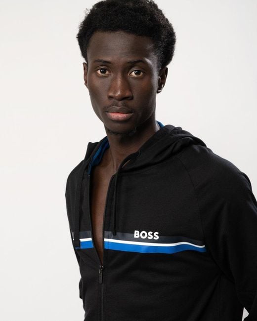 Boss Black Authentic Cotton Terry Zip Lounge Hoodie With Stripes And Logo for men