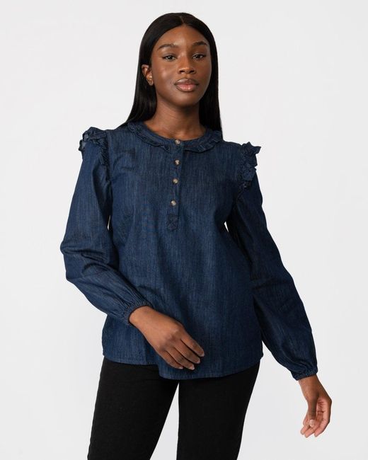 Joules Blue Remi Frill Shoulder Chambray Blouse