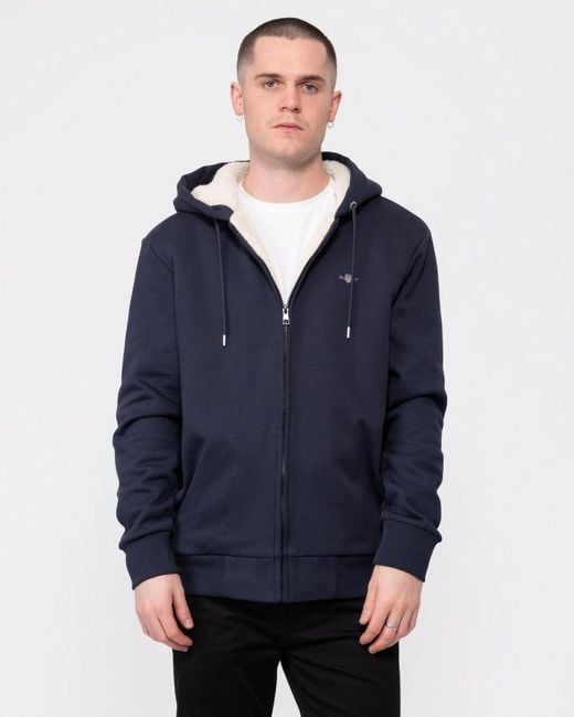 GANT Sherpa Fleece Lined Full Zip Hoodie in Blue for Men | Lyst UK