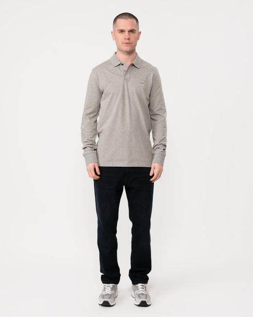 Boss Gray Passerby Long Sleeve Stretch-cotton Polo Shirt With Logo Patch for men