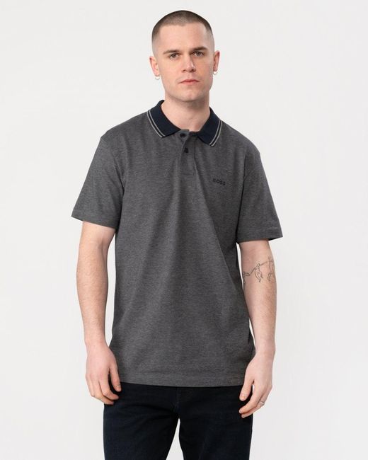Boss Gray Oxford New Contrast Collar Short Sleeve Polo Shirt for men