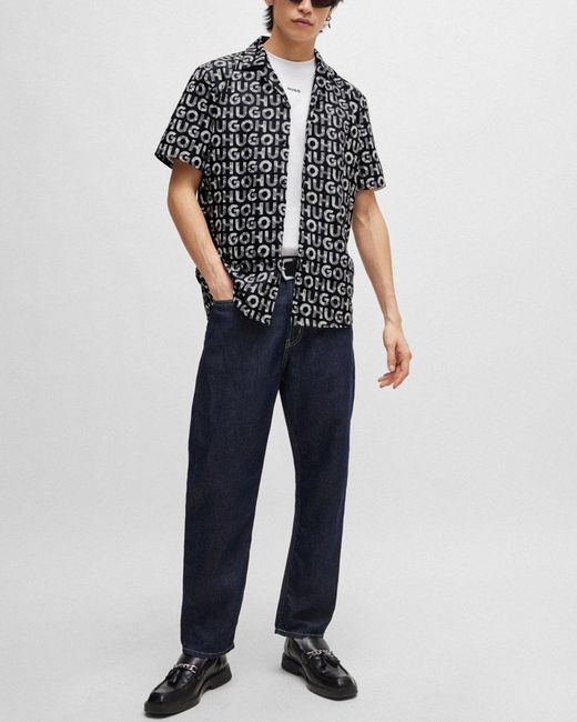 HUGO Black Ellino Aop Short Sleeve Shirt With Seasonal Logo Print for men