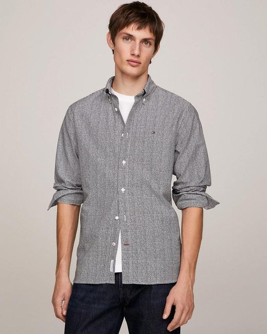 Tommy Hilfiger Gray Oxford Basketweave Print Long Sleeve Shirt for men