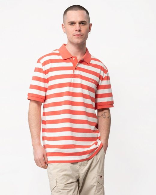 Gant Red Wide Striped Short Sleeve Pique Polo for men