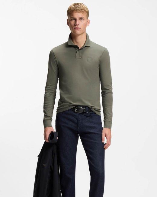 Boss Gray Passerby Long Sleeve Stretch-Cotton Polo Shirt With Logo Patch for men