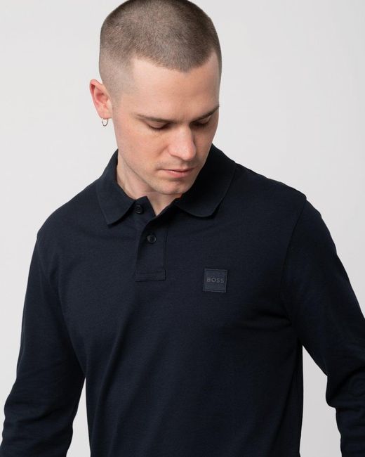 Boss Blue Passerby Long Sleeve Stretch-Cotton Polo Shirt With Logo Patch Nos Size: M for men
