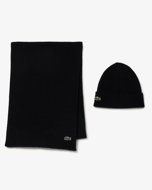 Lacoste Black Beanie And Scarf Set