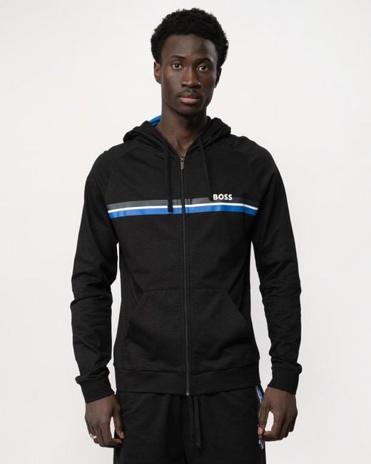 Boss Black Authentic Cotton Terry Zip Lounge Hoodie With Stripes And Logo for men