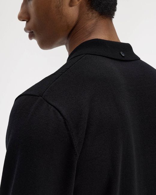 Fred Perry Black Cable Knitted Long Sleeve Polo Shirt for men