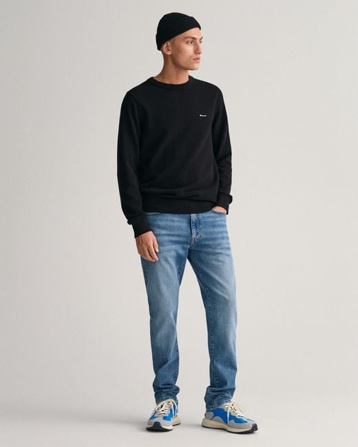Gant Black Cotton Pique Crew Neck Jumper for men