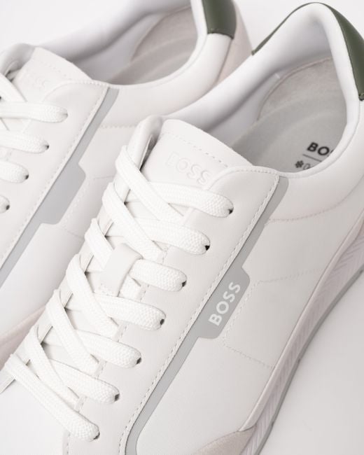 Boss White Nitan Low-Top Trainers With Suede And Faux Leather for men
