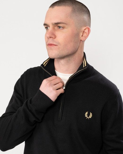 Fred Perry Black Classic Half Zip Jumper 198, Size: L for men