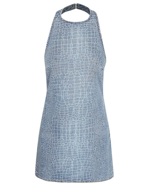 self portrait rhinestone denim dress self-portrait - Rhinestone Croc Effect Denim Mini Dress