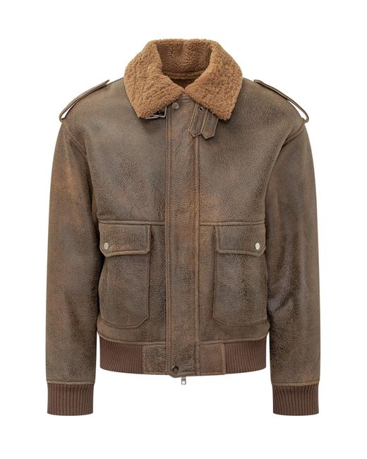 DFOUR® Brown Soft-Collar Leather Bomber Jacket