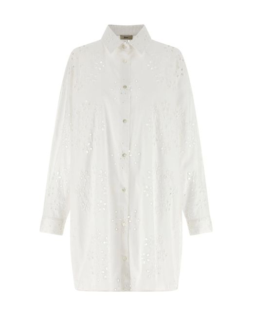 Herno White Embroidered Openwork Cotton Shirt For