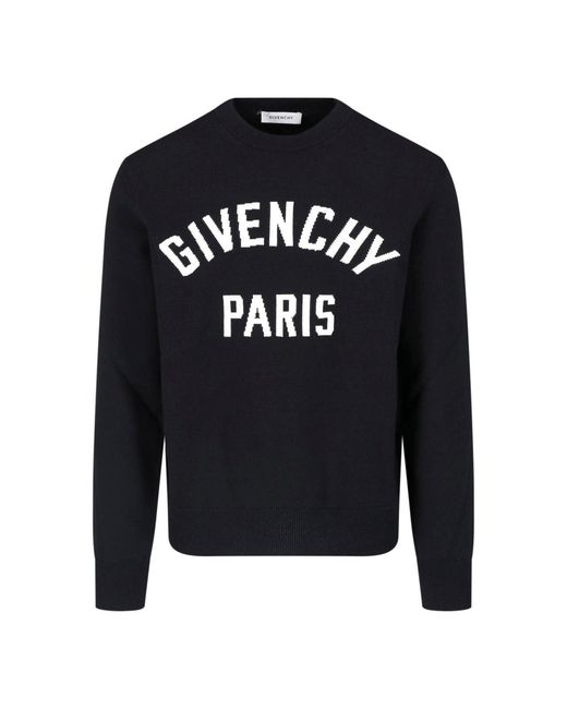 Givenchy Blue Cotton Knit Crew Neck Sweater With Logo Intarsia for men