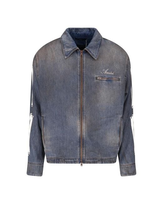 Amiri Blue Zip-Front Denim Jacket With Embroidered Detail for men