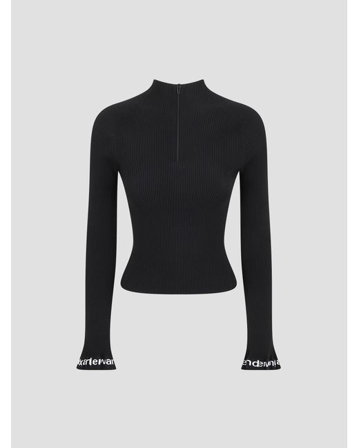 Alexander Wang Women's Black Ribbed Long Sleeve Zip Turtleneck Pullover With Logo