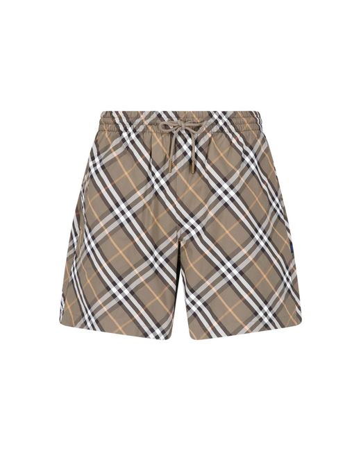 Burberry White Check Print Drawstring Swim Shorts for men