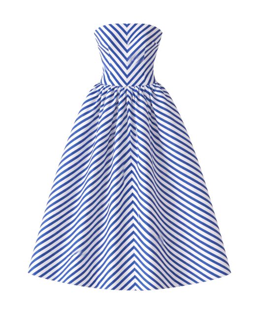 Self-Portrait Blue Self Portrait Strapless Striped Taffeta Midi Dress