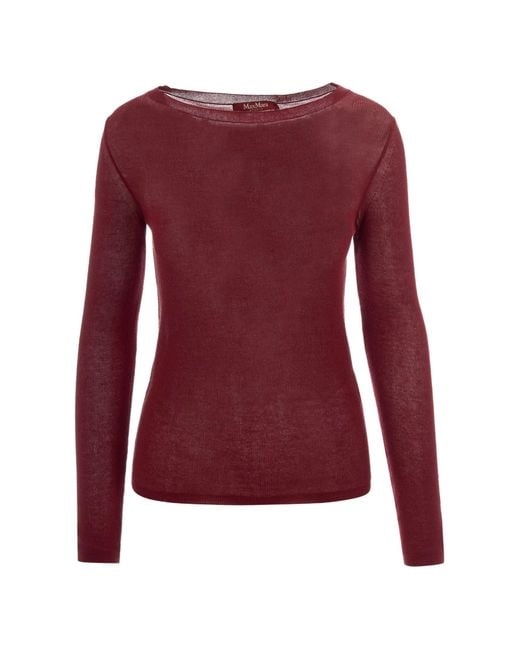 Max Mara Red Sheer Knit Boat Neck Long Sleeve Top