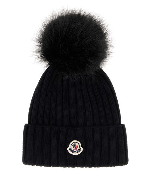 Moncler Black Shearling-Trim Beanie Hat