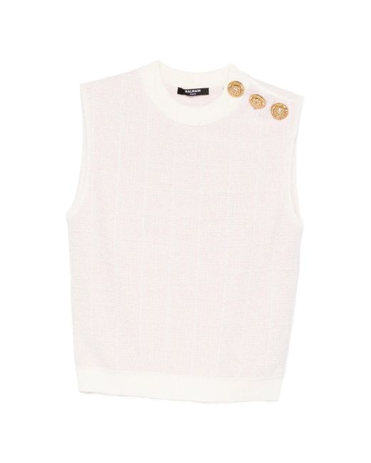 Balmain White Round Neck Knit Top With Lion Button Detail