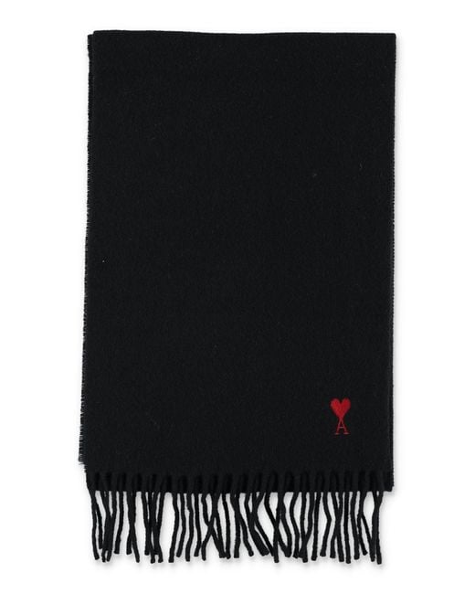 AMI Black Wool Fringe Scarf With Embroidered Heart Logo