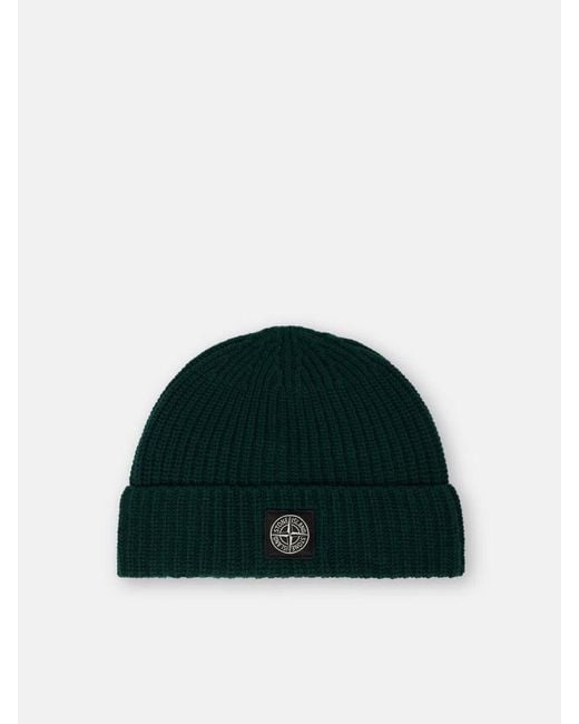 Stone Island Green Ribbed Virgin Wool Hat With Logo Patch for men