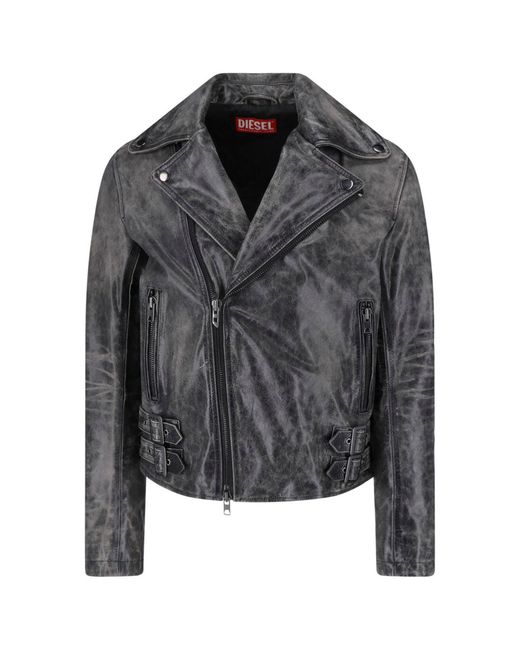 DIESEL Black Distressed Leather Moto Jacket for men