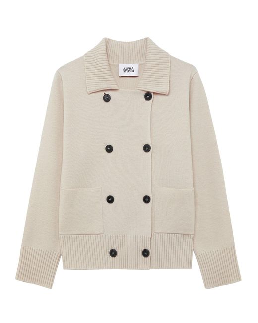 Alpha Studio Natural Double-Breasted Knit Jacket With Patch Pockets