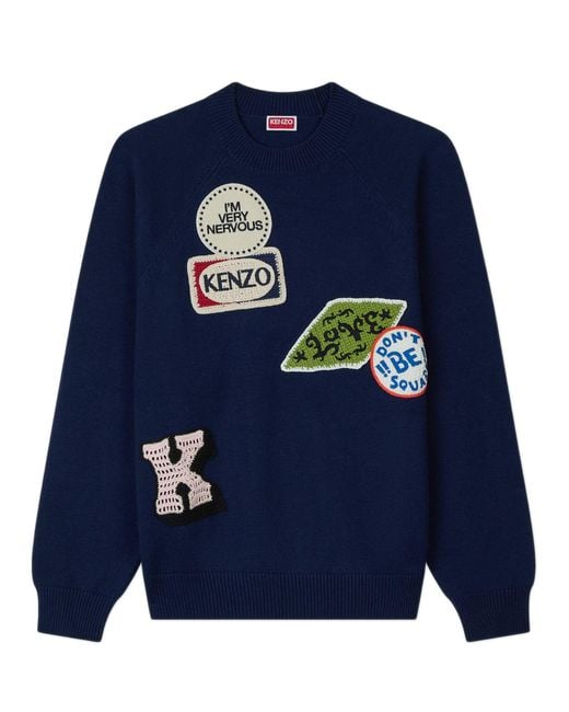 KENZO Blue Embroidered Sweater With Badges for men