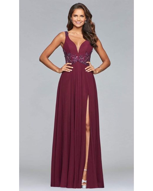 Faviana 10102 Beaded Plunging V Neck 