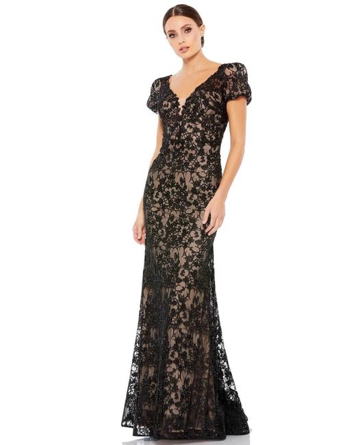 Mac Duggal 50644 Embroidered Puff Sleeve Evening Dress in Black | Lyst