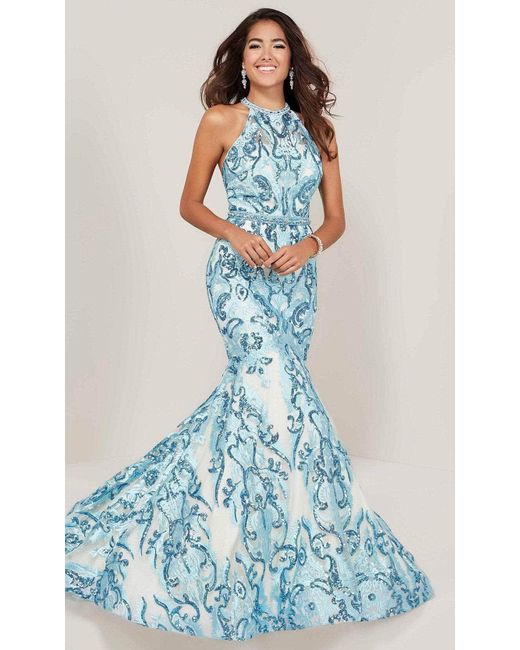 Tiffany Designs Beaded Lace Halter Mermaid Gown 16336 1 Pc Sky Blue ...