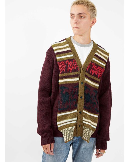 Toga Virilis Wool Jacquard Knit Cardigan Dark Red for Men | Lyst