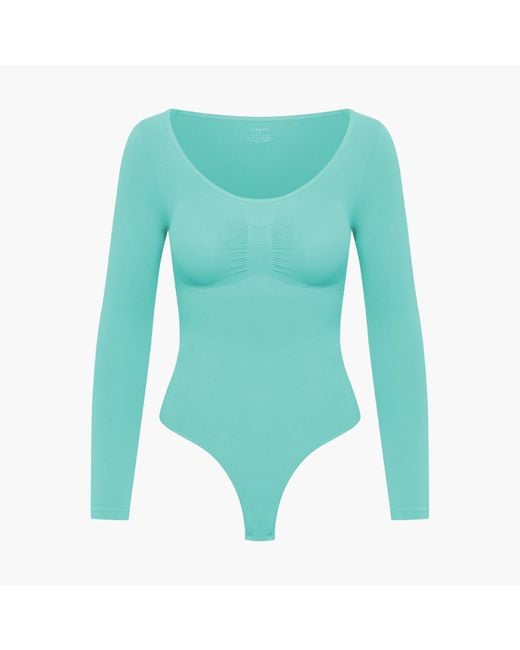 creamy fabrics Blue Bodysuit Sculpting Shapewear Longsleeve Mit String