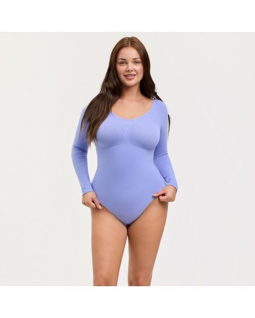creamy fabrics Blue Bodysuit Sculpting Shapewear Longsleeve Mit String