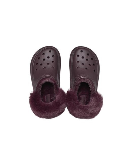 Maroon crocs store with fur