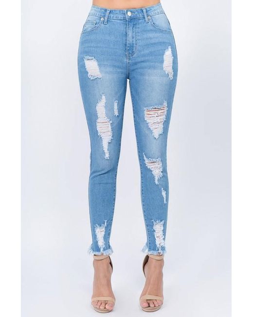 Crystal Wardrobe Denim High Waist Distressed Skinny Jeans In Light Blue Blue Lyst