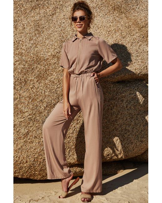 Crystal Wardrobe Zip Up Short Sleeve Collared Jumpsuit in Tan (Brown) | Lyst